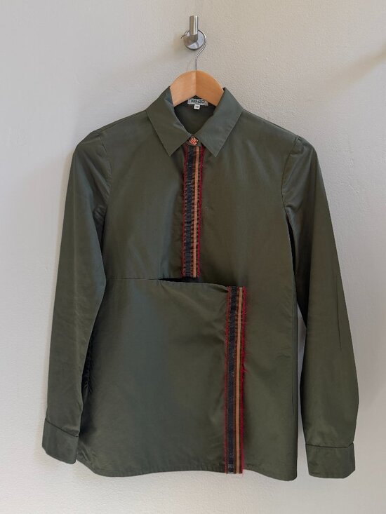 Kenzo Tops - Kenzo Paris Olive Green Asymmetric Cotton Poplin Blouse Tiger Buttons